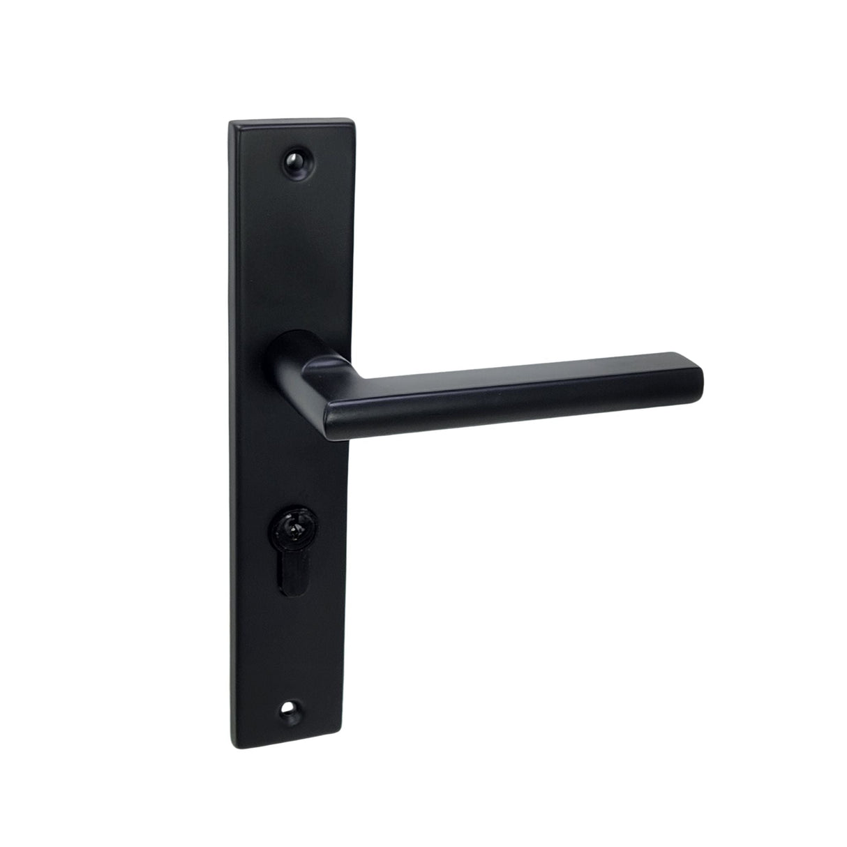 Modern Black lever handle on 220mm x 40mm square plate with cylinder key hole