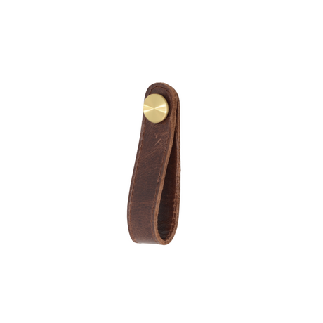 Leather cupboard handle brown with matt brass buttons