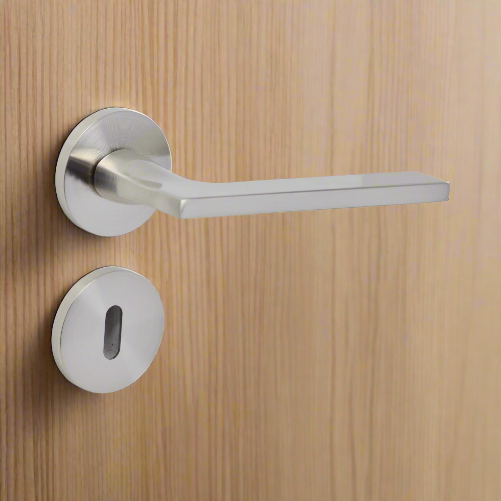 Modern Lever Door Handle on Round Rose - Satin Chrome