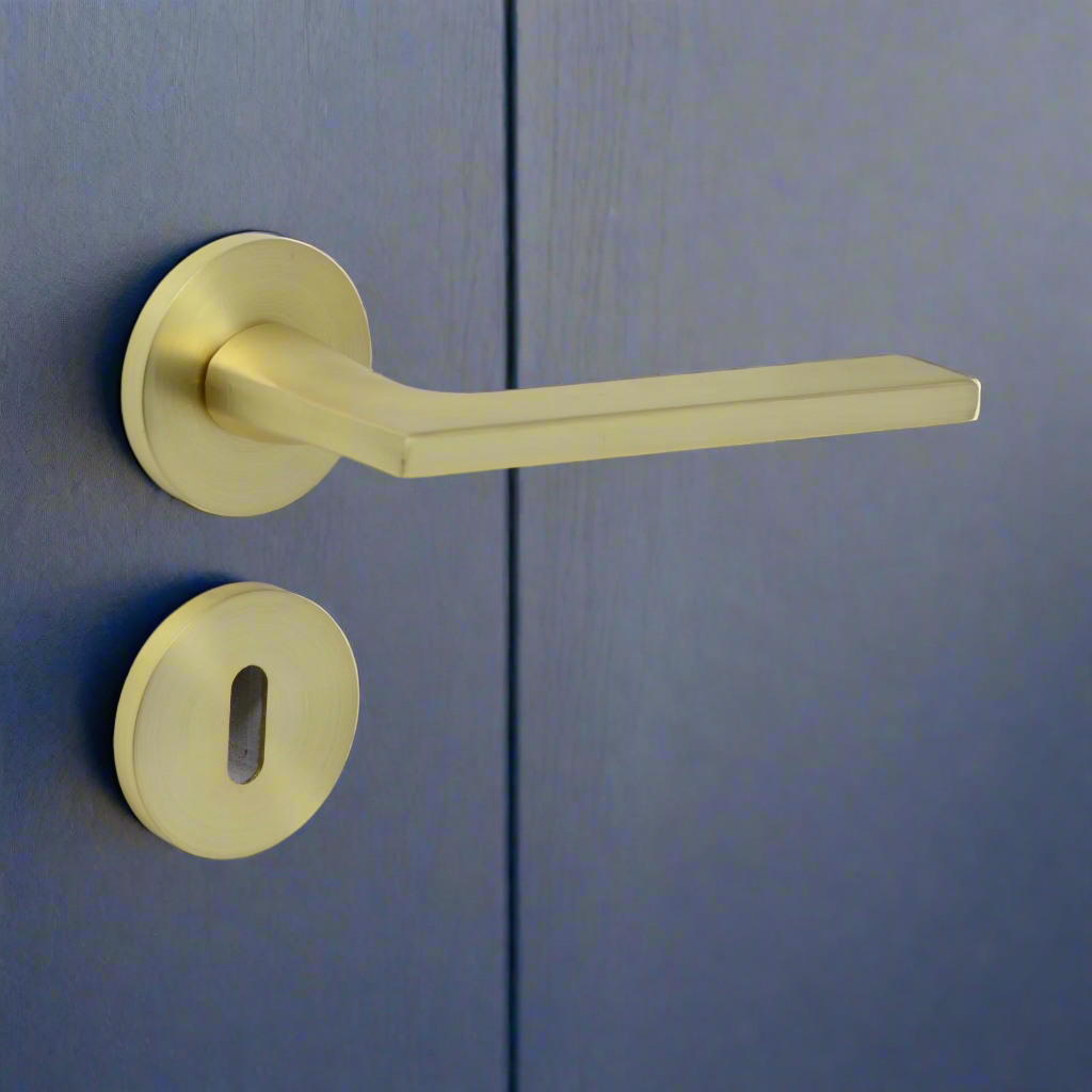 Modern Lever Door Handle on Round Rose - Matt Brass