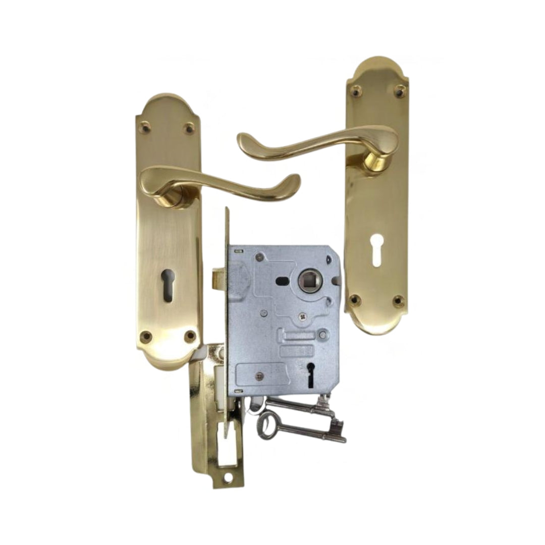 Classic Victorian Door Handle on Plate with SABS Approved Two Lever Lock - Polished Brass