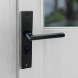 Modern Black lever handle on 220mm x 40mm square plate with cylinder key hole