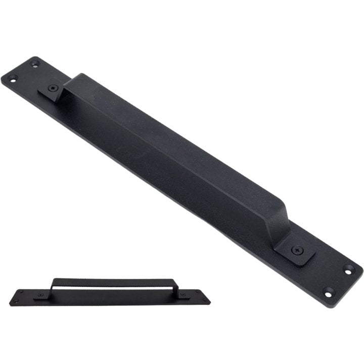 Modern entrance door pull handle on plate black