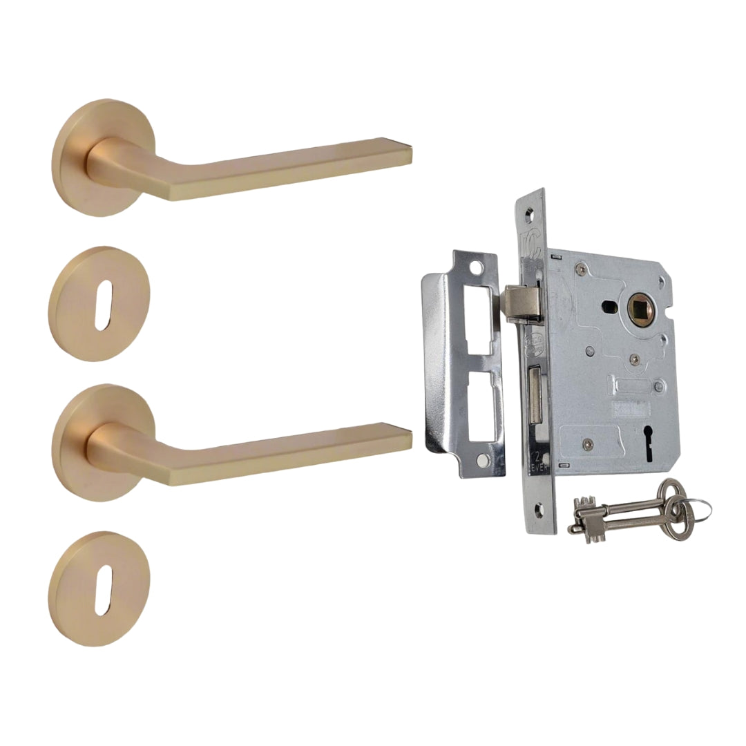 Modern Rose Gold Door Handle on Round Rose with Two Lever Lock