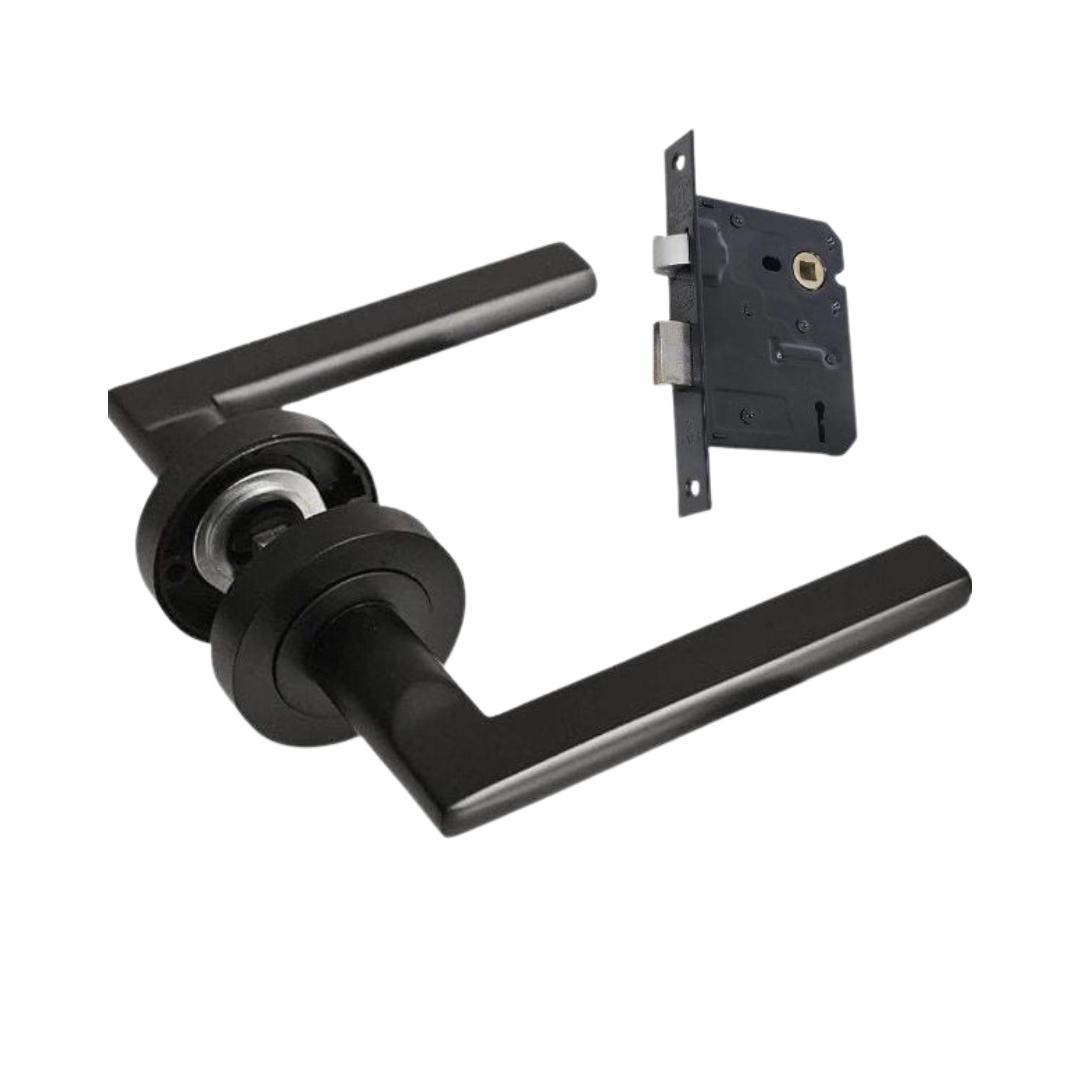 Matt Black Modern Door Handle with Two Lever Mortic Lock