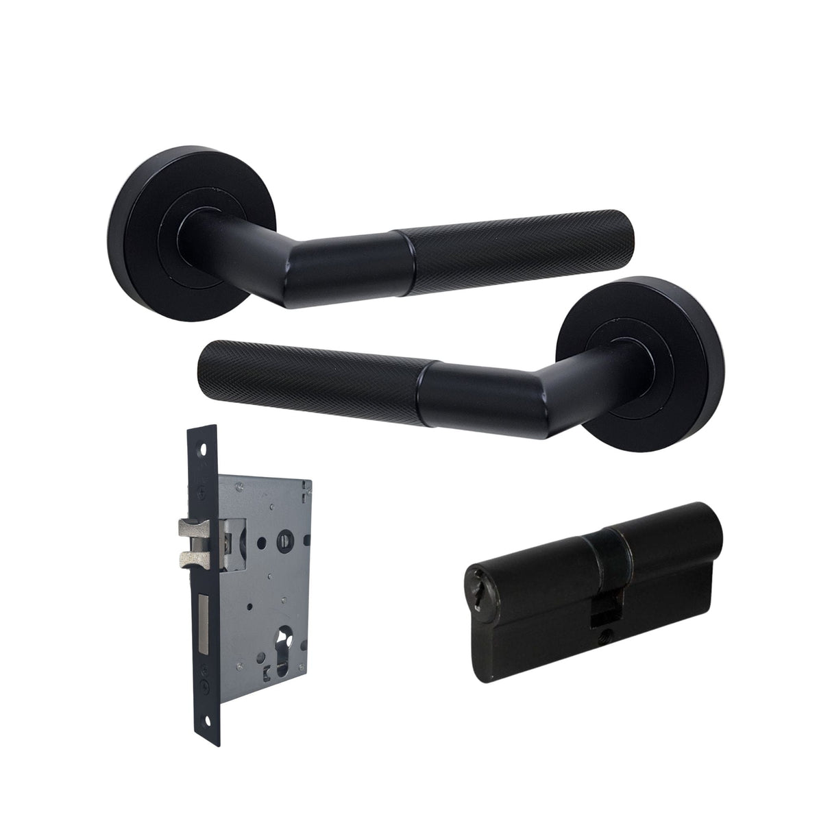 Matt Black Knurled Lever Handle Bundle with Matching Lock and Cylinder