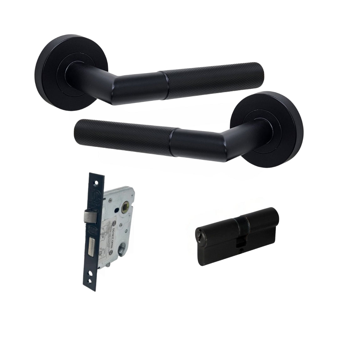 Matt Black Knurled Lever Handle Bundle with Cylinder Lock and Cylinder