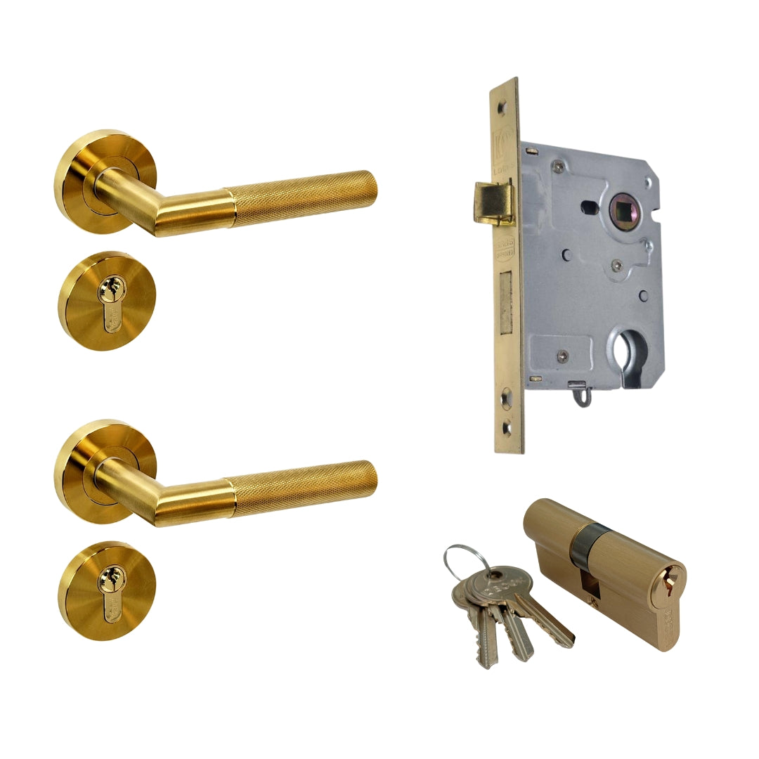 Brushed Brass Knurled Door Handle on Rose with Cylinder Lock and Cylinder