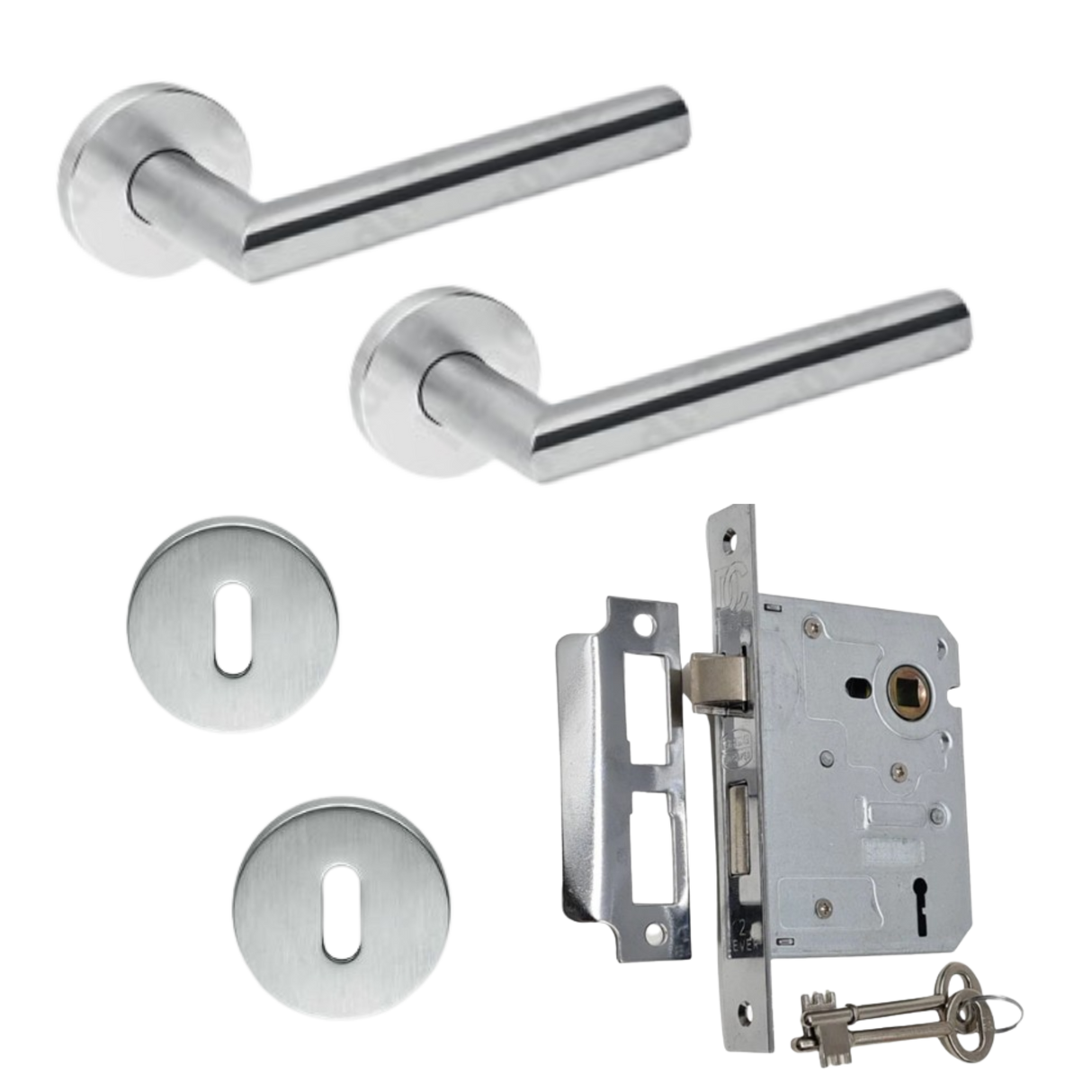 Stainless steel tubular lever handle on rose with 2 lever lock