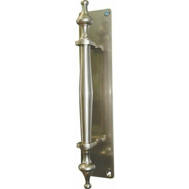 Solid brass pull handle on back plate with finials - 225mm - Decor Handles